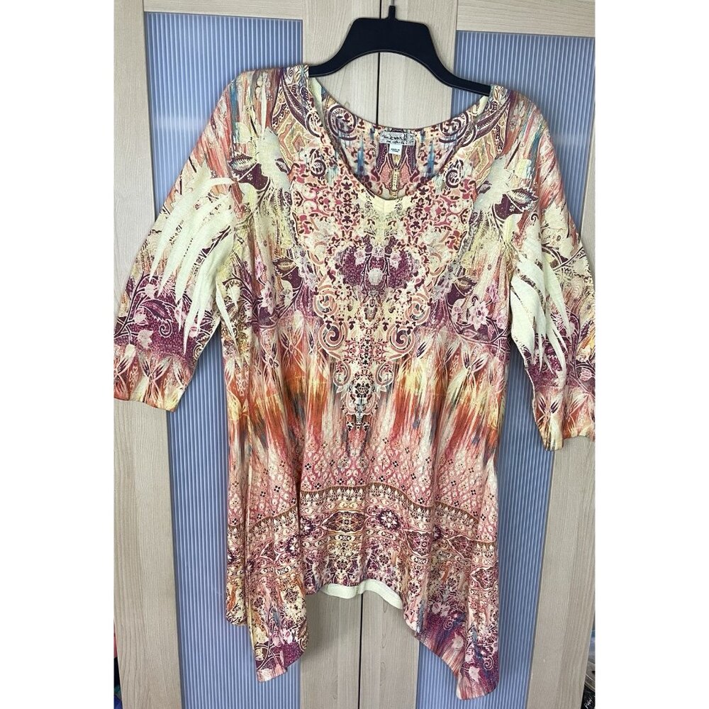 One World Women Multicolor Paisley Top Blouse XL Round Neck Long Sleeve Casual